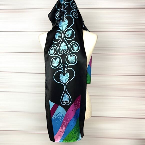 Rush Limbaugh Vintage Silk Black with Blue Pink Green Hand Rolled Scarf - Picture 7 of 13